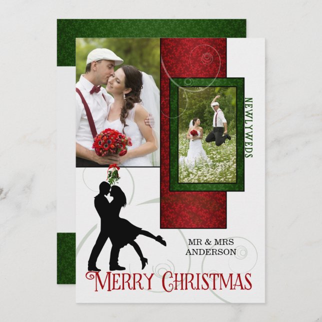 Red and Green Newlyweds 1st Christmas 2 Photo Card (Front/Back)