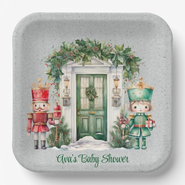 Red and Green Nutcracker Baby Shower Paper Plate (Front)