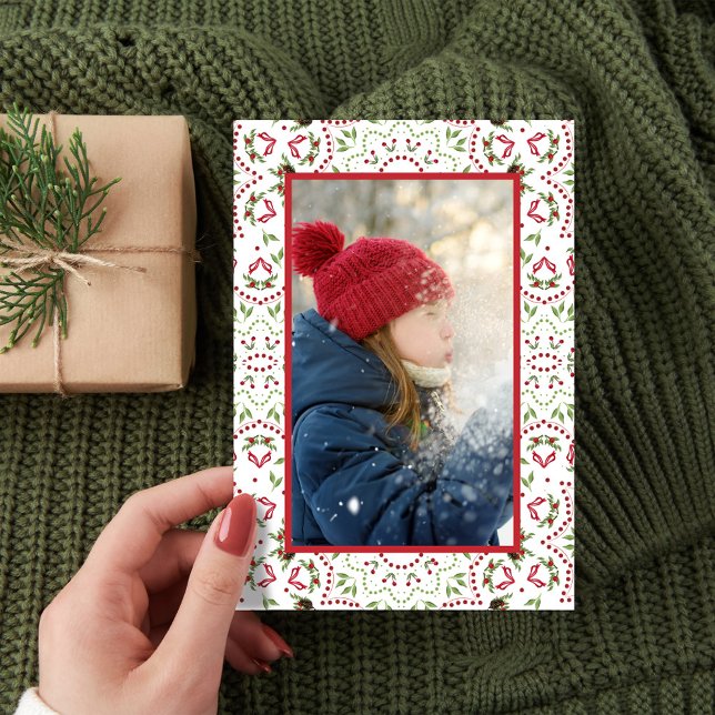 Red and Green Pattern Photo Christmas Holiday Card (Merry Christmas photo card with a vertical photo layout.)