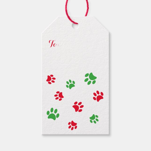 Red and Green Paw Prints Pattern Christmas Gift Tags (Front)
