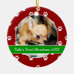 Red and Green Paw Prints Puppy's First Christmas Ceramic Ornament