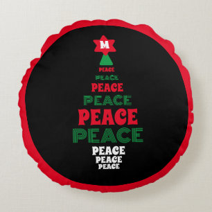 Red and Green Peace Christmas Tree Single Initial Round Cushion
