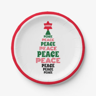 Red and Green Peace Christmas Tree White Paper Plate