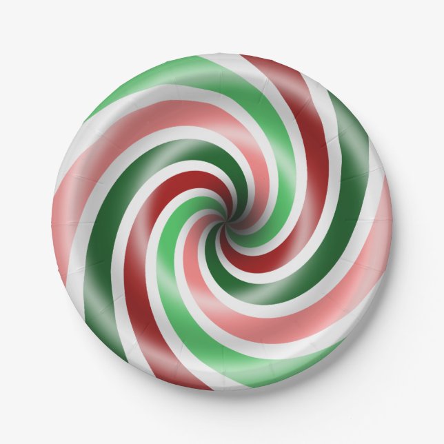 Red And Green Peppermint Swirl 7 Inch Paper Plate (Front)