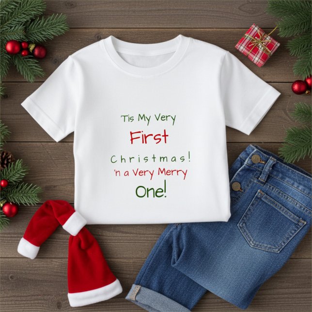 Red and Green Personalized First Baby Christmas T-Shirt (Creator Uploaded)