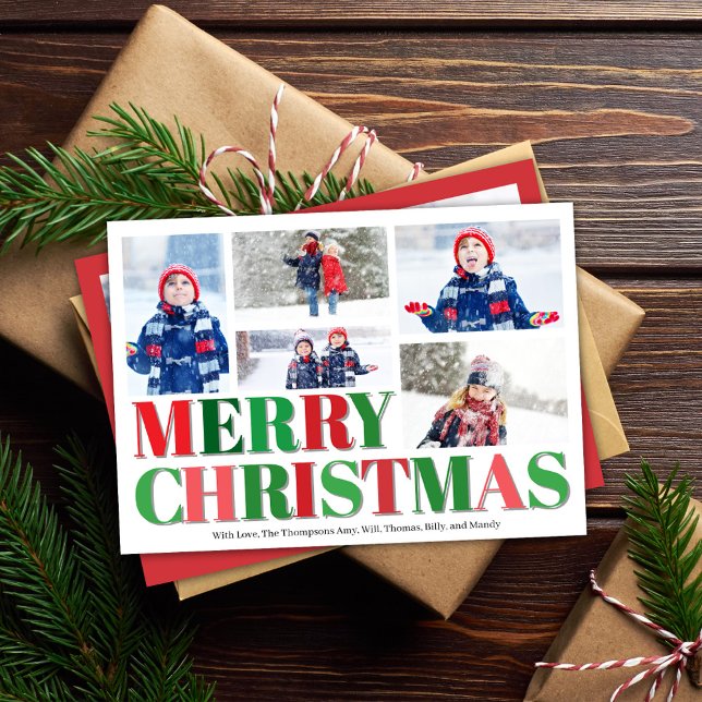 Red and Green Photo Collage Merry Christmas Holiday Card (Merry Christmas Holiday Photo collage card. )