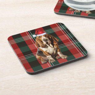 Red and Green Plaid Basset Hound Dog Christmas Coaster