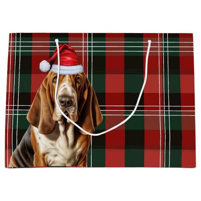 Red and Green Plaid Basset Hound Dog Lover Holiday Large Gift Bag (Front)