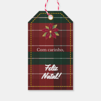 Red and Green Plaid Christmas Label with Poinsetti