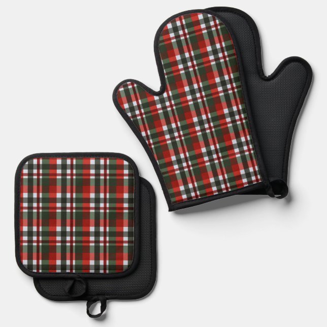 Red and Green Plaid Christmas Oven Mitt & Pot Holder Set (Front/Back)