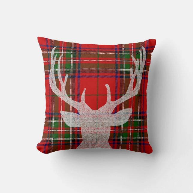 Red and Green Plaid Christmas Pillow with Deer (Front)