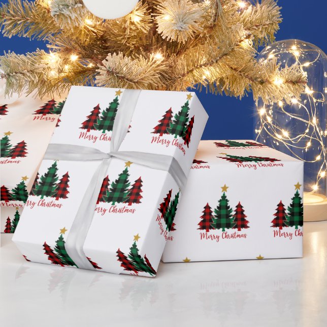 Red and Green Plaid Christmas Trees Wrapping Paper (Holidays)