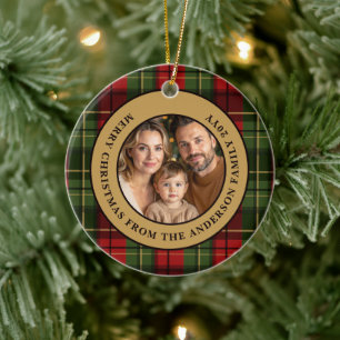 Red And Green Plaid Custom Family Photo Christmas Ceramic Ornament