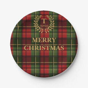 Red And Green Plaid Family Name Christmas Paper Plate
