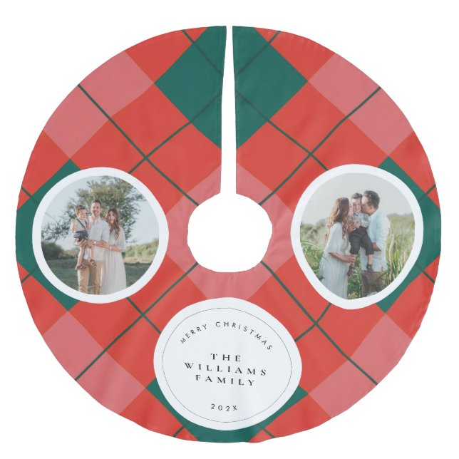 Red and Green Plaid Family Photo Christmas Brushed Polyester Tree Skirt (Front)