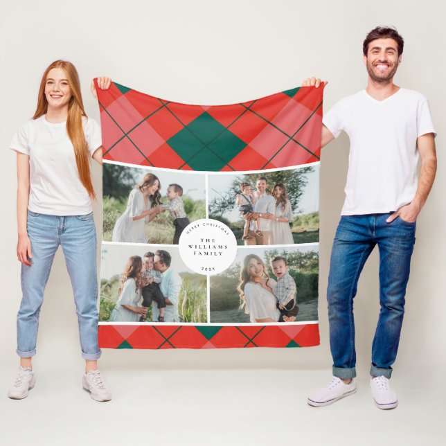 Red and Green Plaid Family Photo Christmas Fleece Blanket (In Situ)