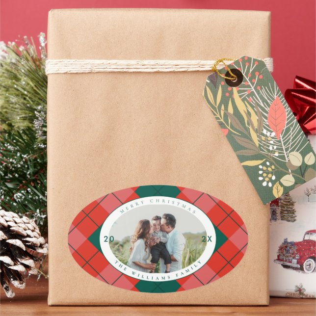 Red and Green Plaid Family Photo Merry Christmas Oval Sticker (Holiday)