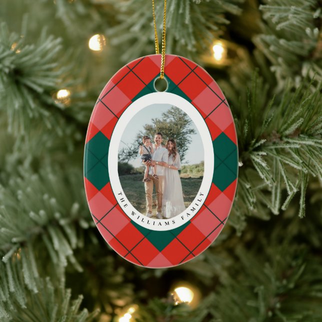 Red and Green Plaid Family Photo Oval Christmas Ceramic Ornament (Tree)