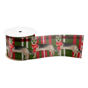 Red and Green Plaid German Shepherd Christmas Satin Ribbon
