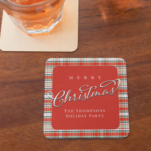 Red and Green Plaid Merry Christmas Custom Square Paper Coaster
