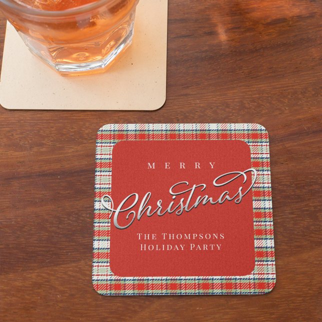 Red and Green Plaid Merry Christmas Custom Square Paper Coaster (Merry Christmas red and green holiday plaid paper coaster)