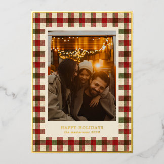 Red And Green Plaid Photo Elegant Foil Holiday Card