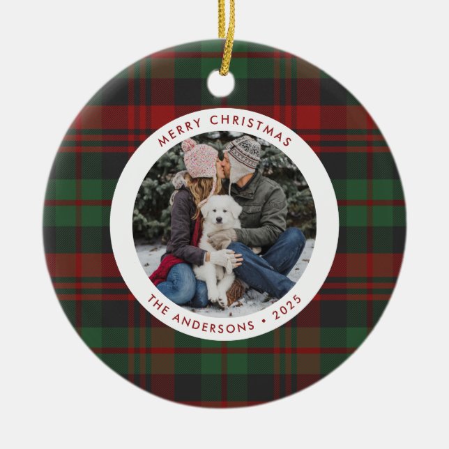 Red and Green Plaid Single Photo Holiday Ceramic Ornament (Front)