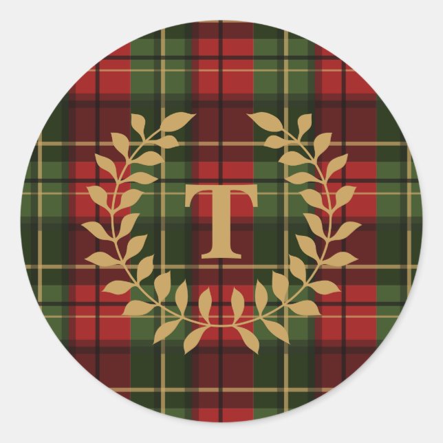 Red And Green Plaid Tartan Pattern With Monogram Classic Round Sticker (Front)