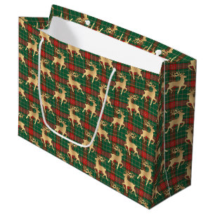 Red and Green Plaid with Faux Gold Reindeer Large Gift Bag