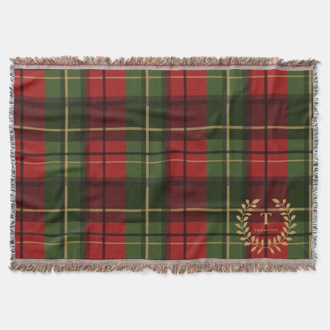 Red And Green Plaid With Monogram Inside A Wreath Throw Blanket (Front)