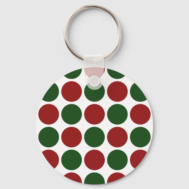 Red and Green Polka Dots on White Key Ring (Front)