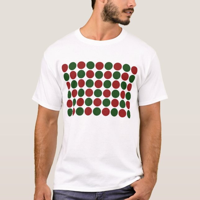 Red and Green Polka Dots on White T-Shirt (Front)