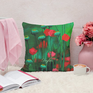 Red and Green Poppies, Floral Art Template Flowers Cushion