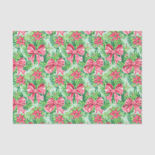 Red and Green Preppy Christmas Poinsettias & Bows Tissue Paper (Front)