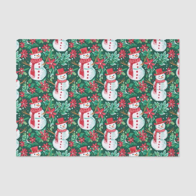 Red and Green Preppy Christmas Snowmen Tissue Paper (Front)
