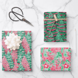 Red and Green Preppy Christmas Trees & Reindeer Wrapping Paper Sheet