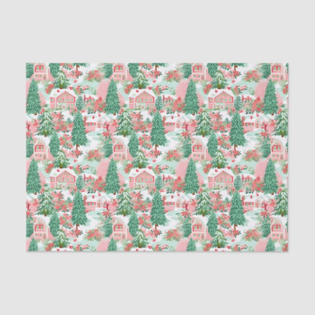 Red and Green Preppy Christmas Winter Houses Tissue Paper (Front)