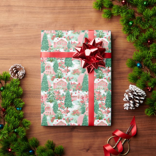 Red and Green Preppy Christmas Winter Houses Wrapping Paper (Holiday Gift)