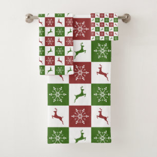 Red and Green reindeer Christmas Pattern Bath Towel Set
