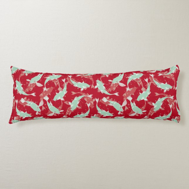 Red And Green Repeating Motif | Koi Fish Pattern Body Cushion (Front)