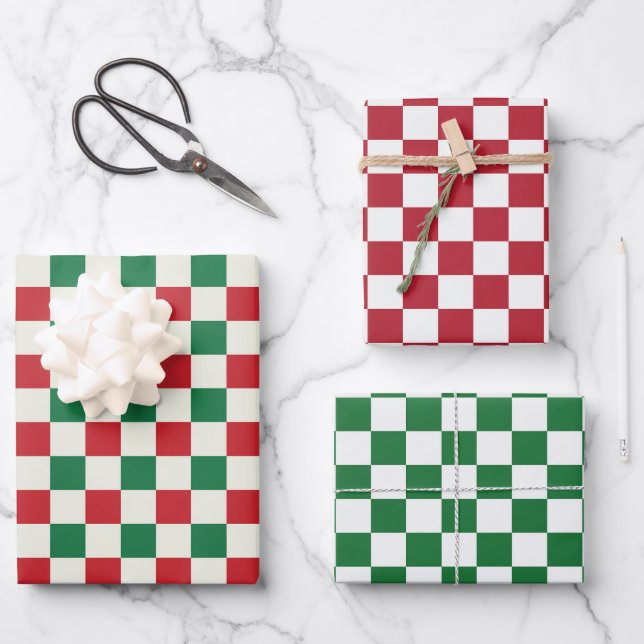 Red and Green Retro Check Wrapping Paper Sheet (Front)