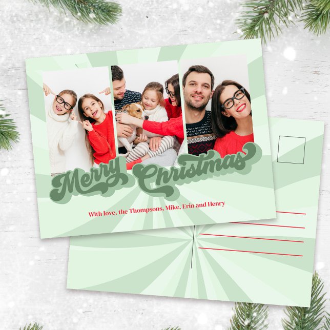Red and Green Retro Christmas Photo Holiday Postcard (Bold whimsical retro style Merry Christmas photo postcard)