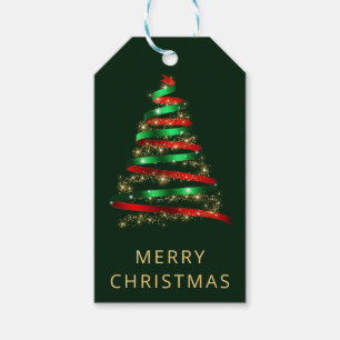 Red and Green Ribbon & Glitter Christmas Tree Gift Tags