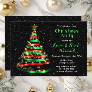 Red and Green Ribbon Tree Christmas Party Invitation