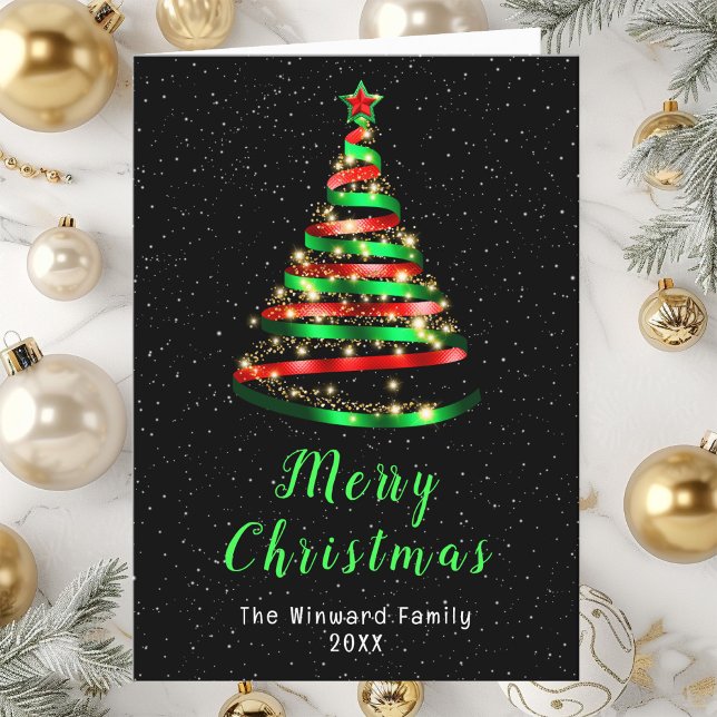 Red and Green Ribbon Tree Merry Christmas Holiday Card (Creator Uploaded)