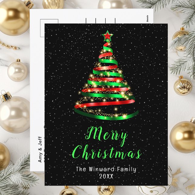 Red and Green Ribbon Tree Merry Christmas Holiday Postcard (Creator Uploaded)
