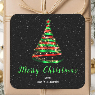 Red and Green Ribbon Tree Merry Christmas Square Sticker