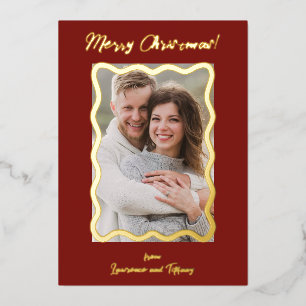 Red and Green Scalloped Wavy Lines Frame Photo Foil Holiday Card