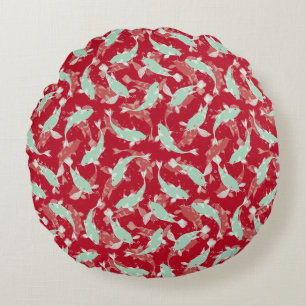 Red and Green Seamless Pattern - Koi Fish Round Cushion