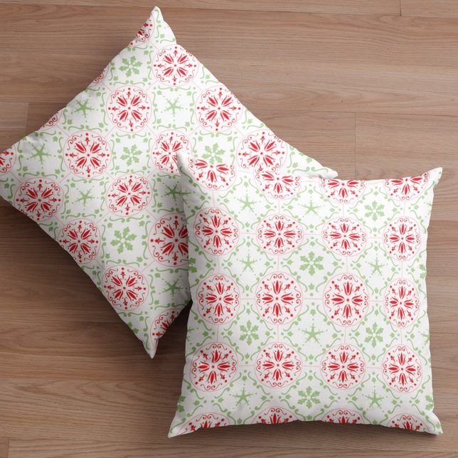 Red and Green Snowflake Pattern Simple Cushion (Simple red and green snowflake pattern throw pillow)